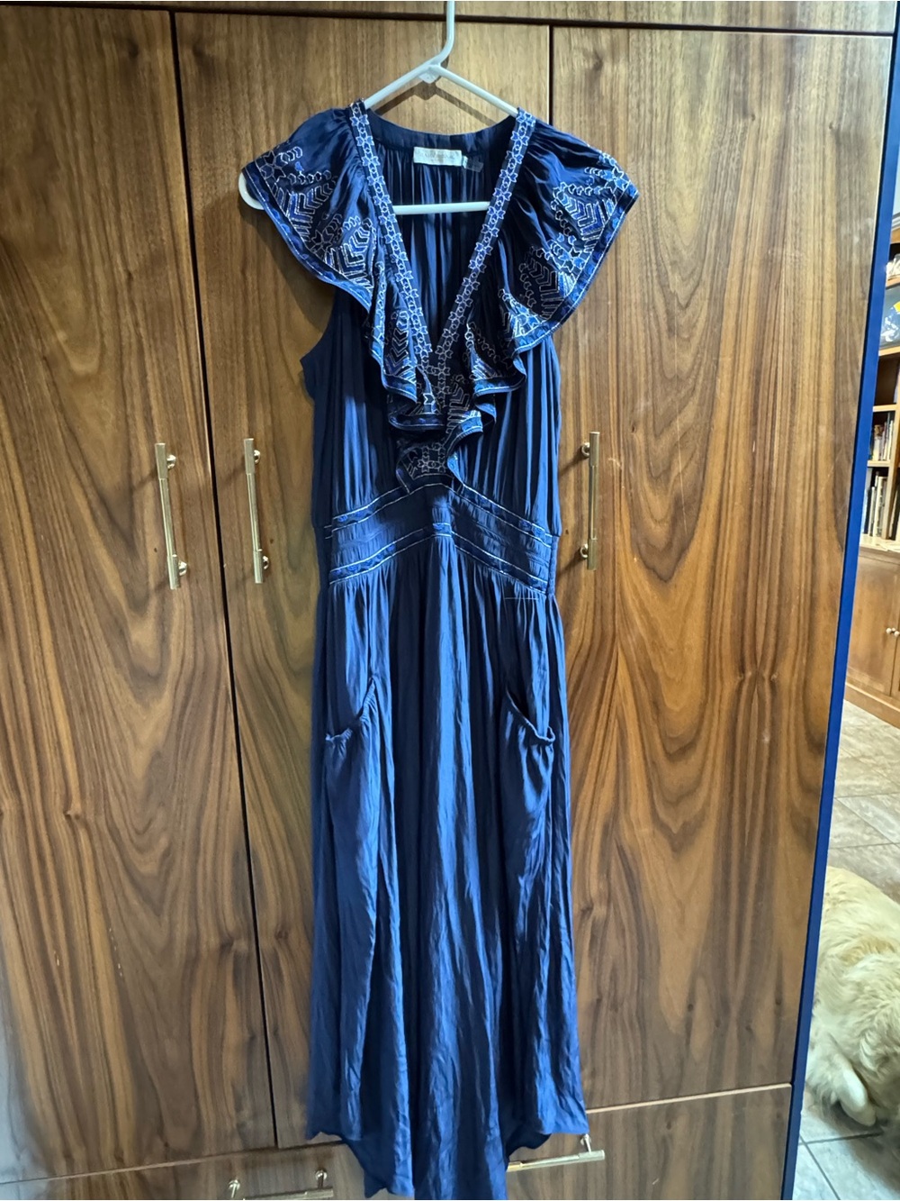 Ramy Brook Navy Maxi Dress with White Embroidered Ruffle